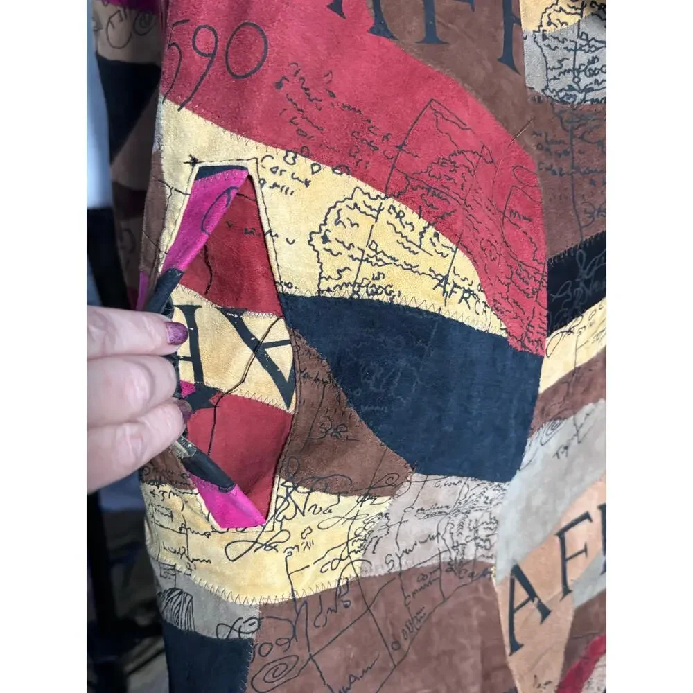 Vintage African Star Suede Leather Coat Map Print Oversized Long Jacket Boho - Picture 13 of 15